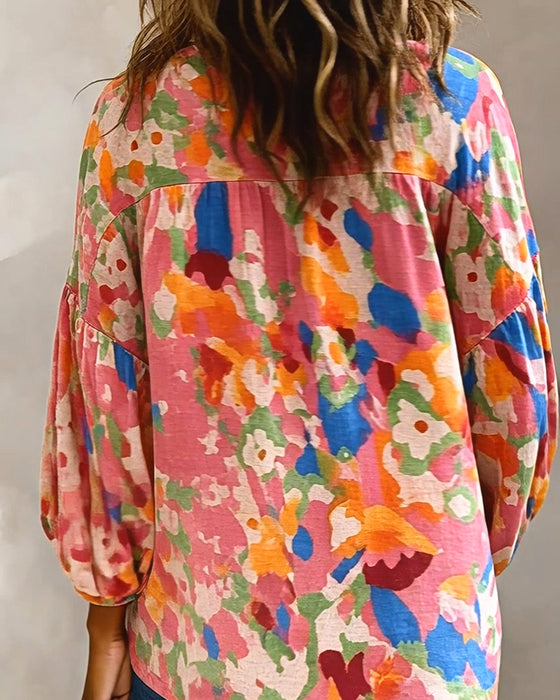 Blouse Kleurrijk Bedrukt Lantaarnmouw Franje