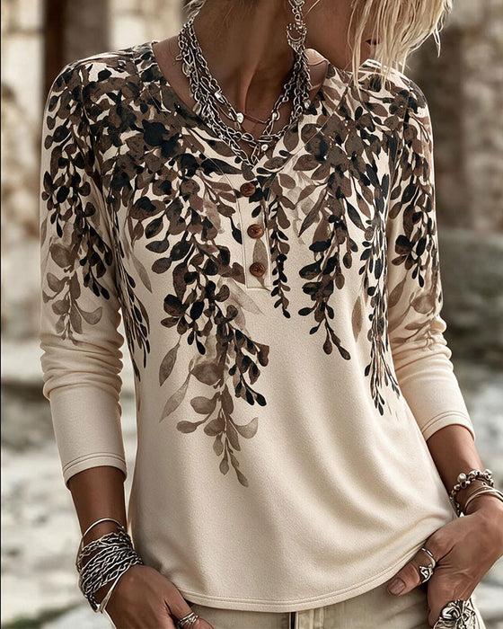 Top V-Hals Blad Print Casual Lange Mouw