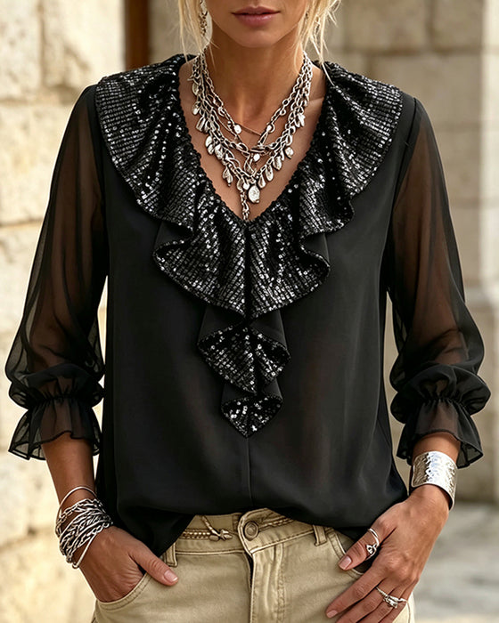Blouse Stijlvol V-Hals Kant Rand Sheer