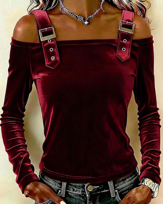 Top Fluweel Off-Shoulder Lange Mouw
