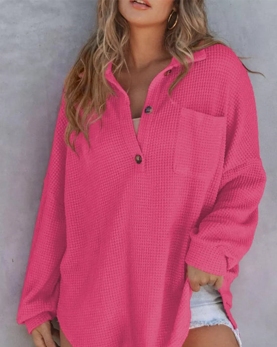 Blouse Effen Knoop-Down Los Kraag