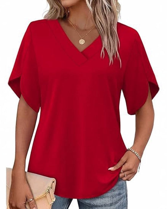 T-Shirt V-Hals Kleine Split Korte Mouw Effen