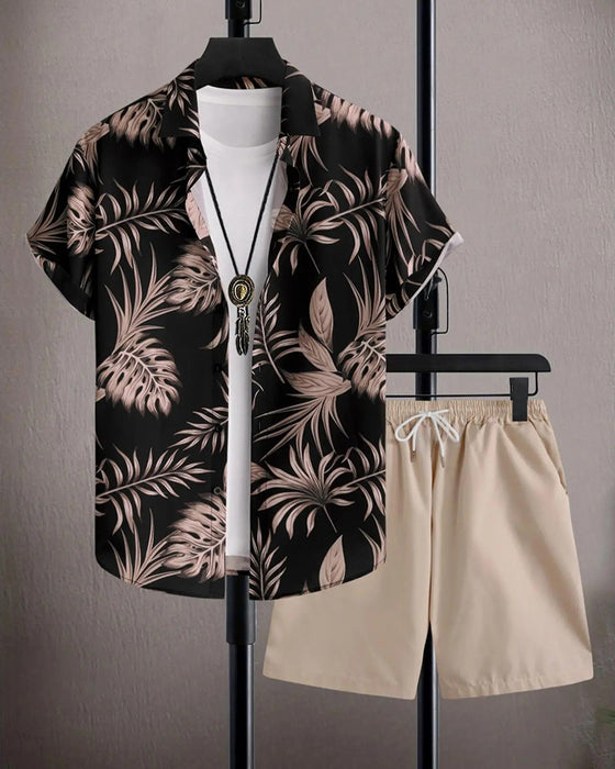 Sets Knoopsgat Palm Blad Print Korte Mouw