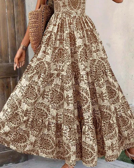 Jurk Retro Print V-Hals Ingesnoerde Taille Lang