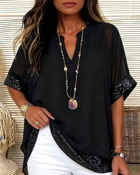 Blouse Pailletten Patchwerk Doorzichtig Los