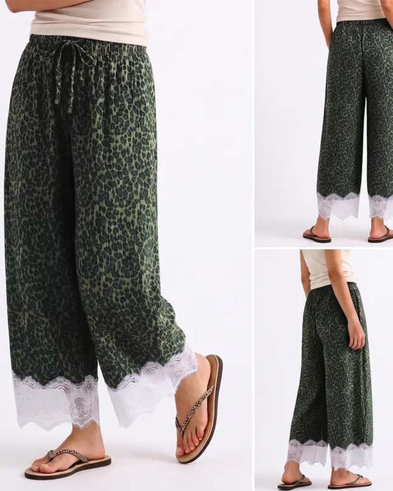 Broek Elastische Taille Luipaardprint Kant Spliced Wijde Pijp
