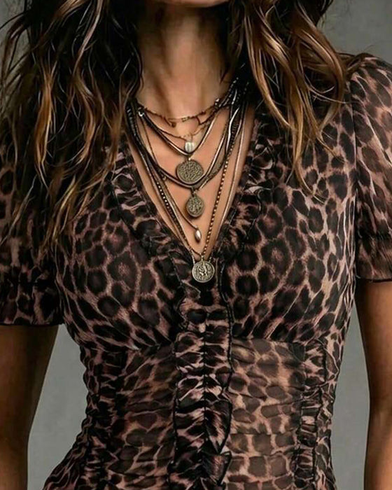 Blouse V-Hals Luipaard Print Ruffle Pofmouw