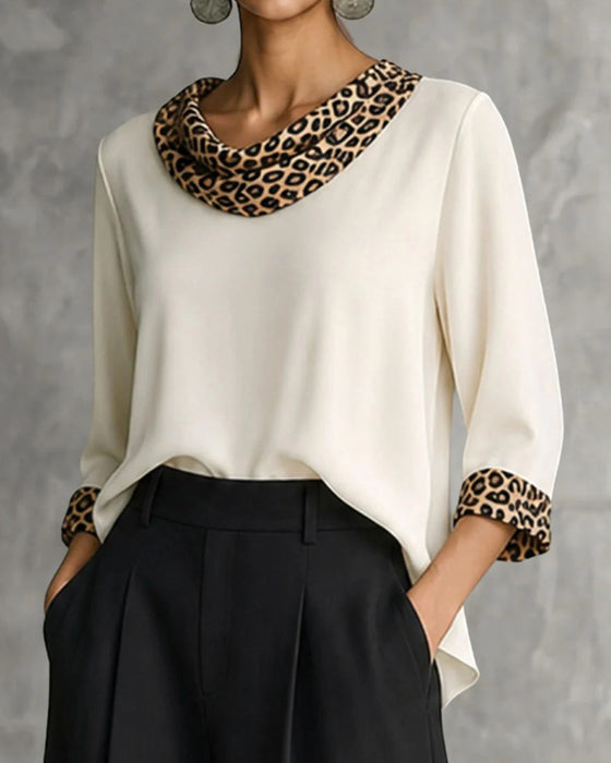 Blouse Luipaard Paneel Cowl Hals Ellebooglange Mouw