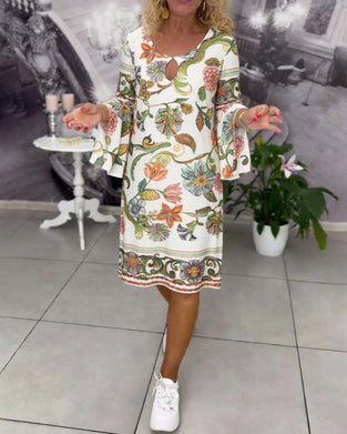 Jurk Ruches Mouw Bedrukt Ronde Hals