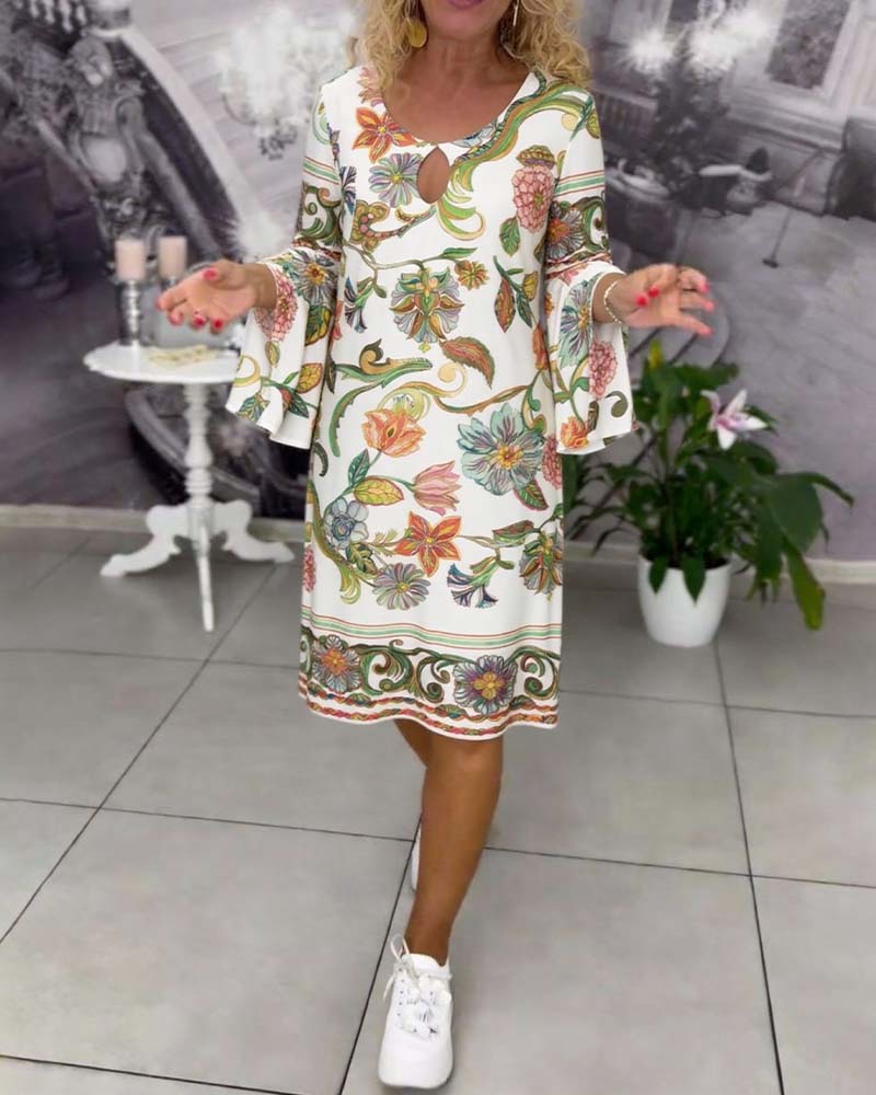 Jurk Ruches Mouw Bedrukt Ronde Hals