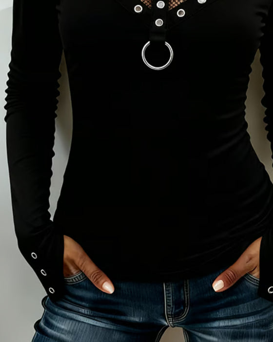 Blouse Ronde Hals Kant Paneel Uitsnede Metalen Ring