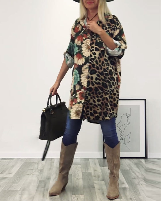 Revers overhemd met patchwork en luipaardprint