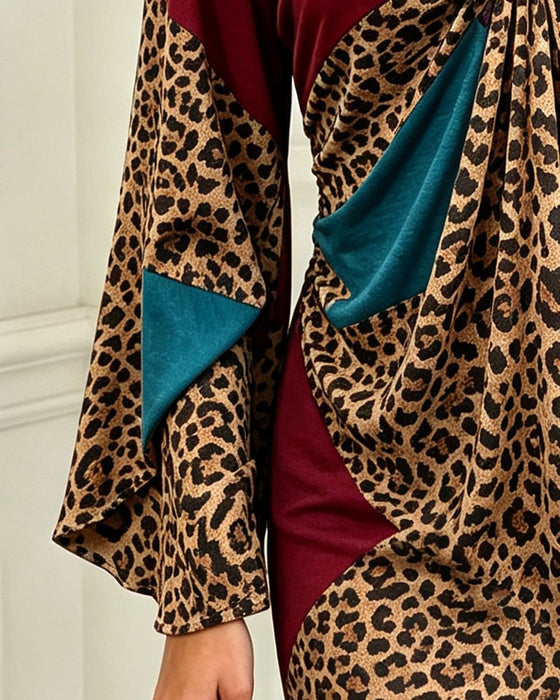Jurk V-Hals Metalen Knoop Luipaardprint Contrastkleur
