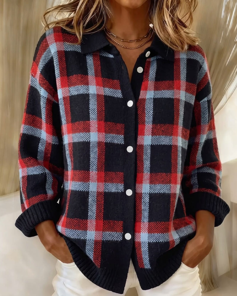 Cardigan Rever Geknoopt Geruit Wijd