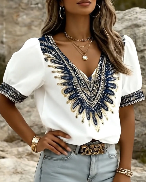 Blouse Etnische Print Pofmouw