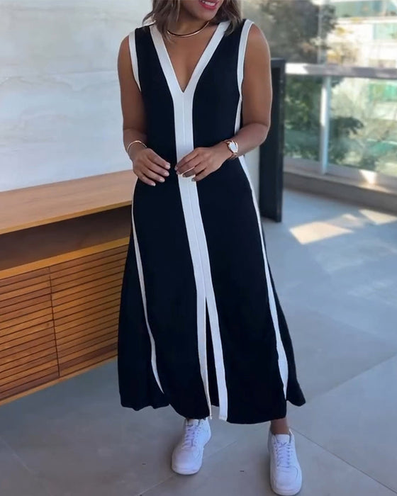 Jurk Color-Block Mouwloos Split Maxi