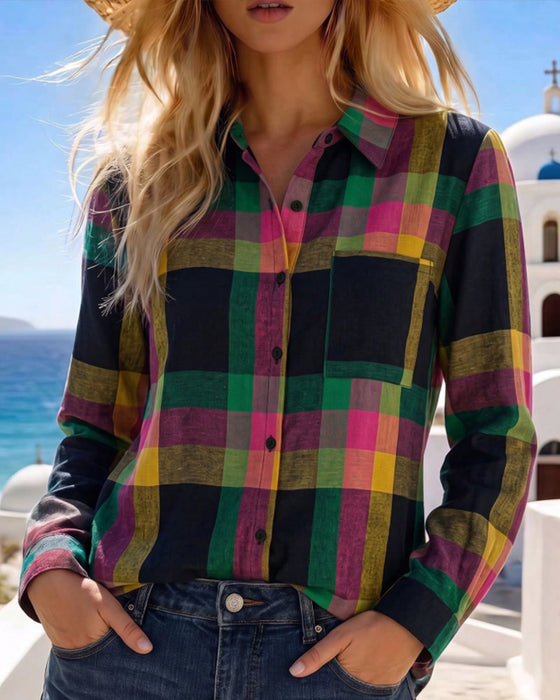 Blouse Kraag Zak Geruit Overhemd