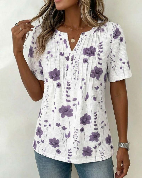 T-Shirt Wafel V-Hals Bloemen