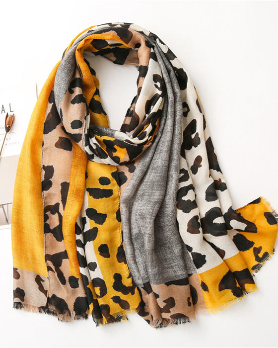 Dames Sjaal Luipaard Patchwork Print Franje Omslagdoek