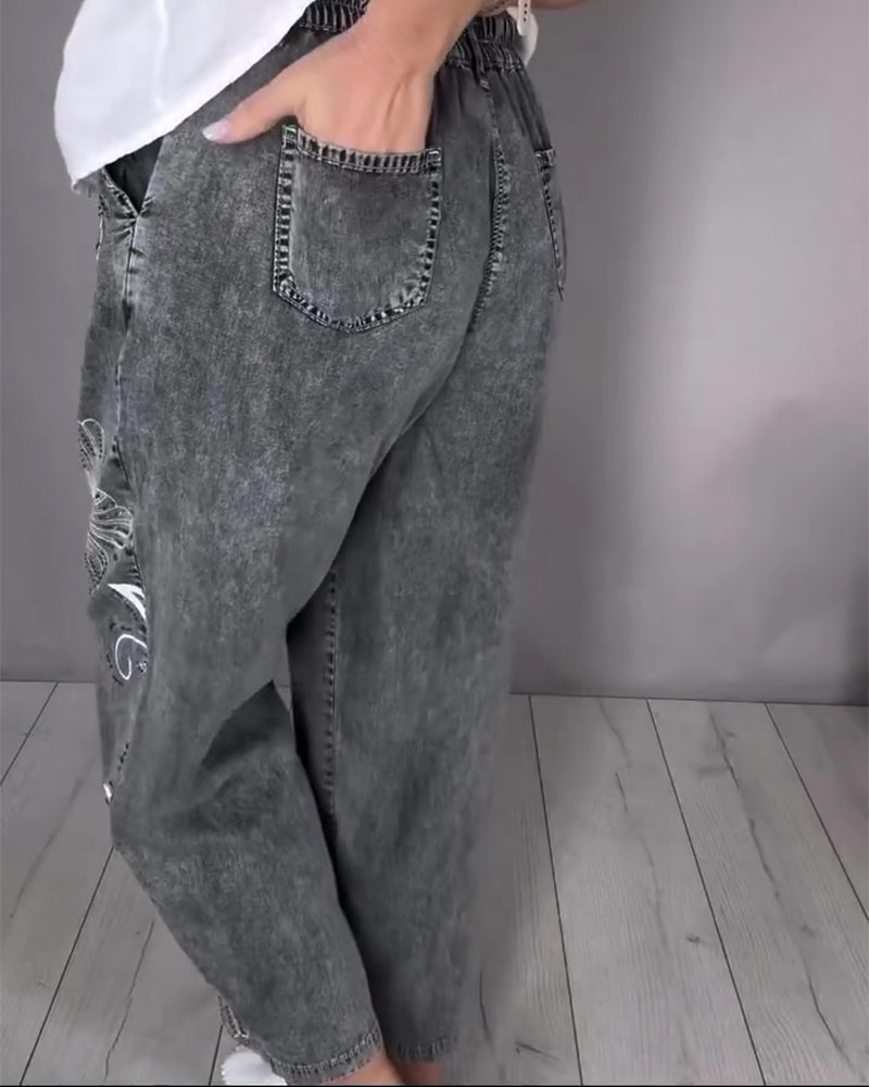 Jeans Bloemenprint Versleten