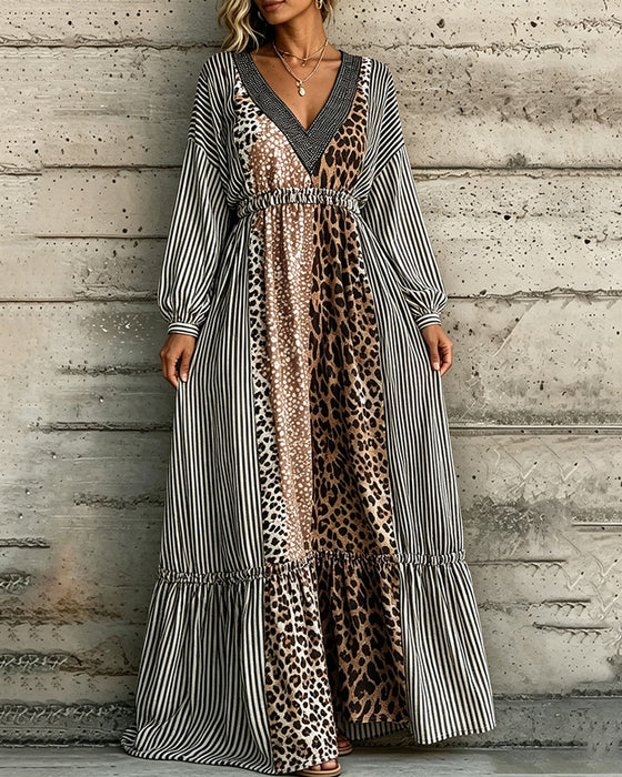 Jurk V-Hals Gestreept Luipaardprint Patchwork