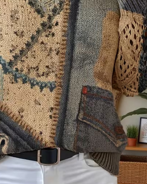 Pullover V-Hals Kleurblok Uitgesneden Los
