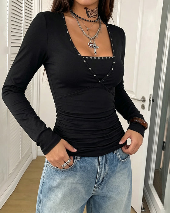 Top Vierkante Hals Gerimpeld Lange Mouw Slim Fit