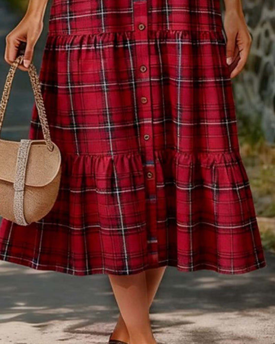 Jurk Plaid Zeven-Kwart Mouw Gelaagd