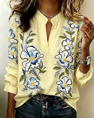 Blouse Mandarin Kraag Lange Mouw Bedrukt