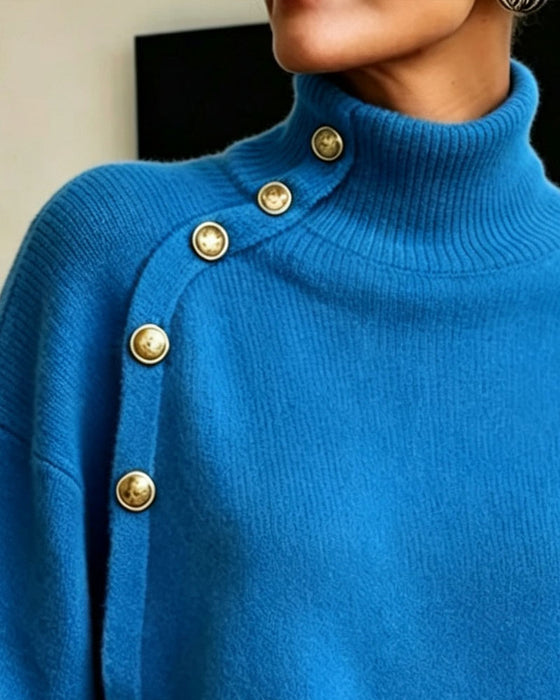 Pullover Diagonaal Metaal Knoop Turtleneck
