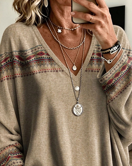 Top V-hals Geprint Contrastrijk Lange Mouw Loose