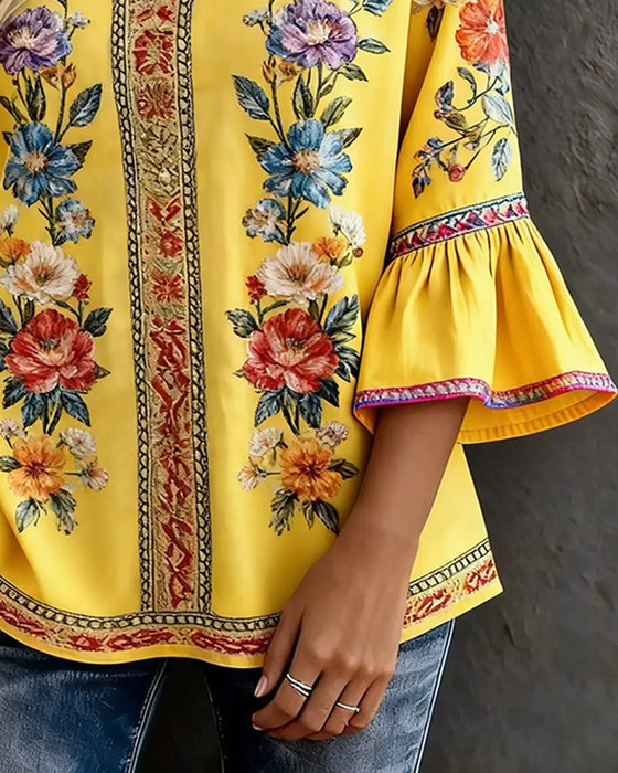 Blouse Ruche Uitlopende Mouw Bloemen