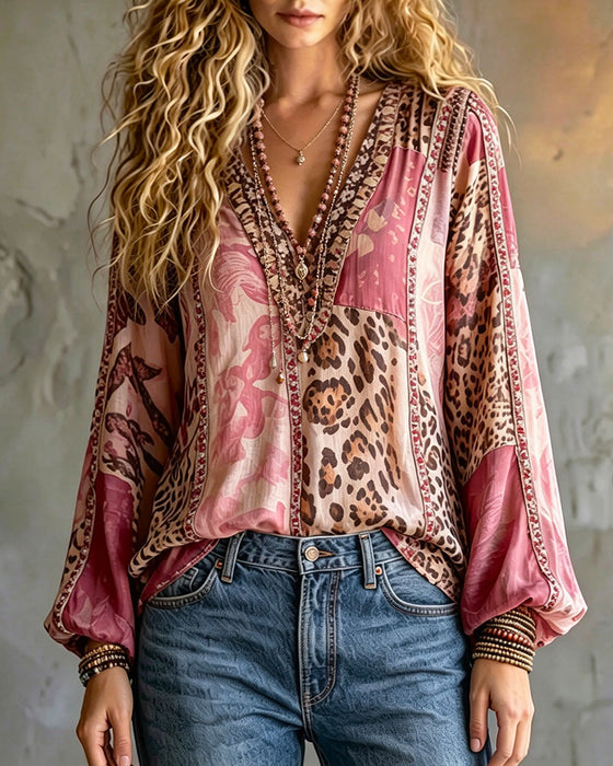 Blouse V-Hals Luipaardprint Kleurblok Lantaarnmouw
