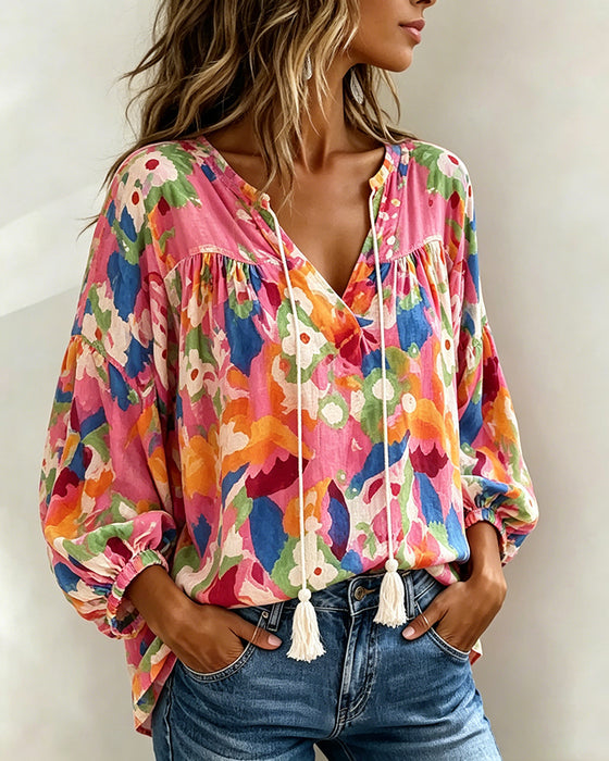 Blouse Kleurrijk Bedrukt Lantaarnmouw Franje