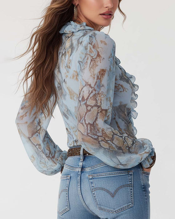Bedrukte Blouse Met Lange Mouwen, Ritssluiting En Ruches