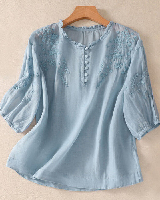 Blouse Borduurwerk 3/4-Mouw Effen Kleur