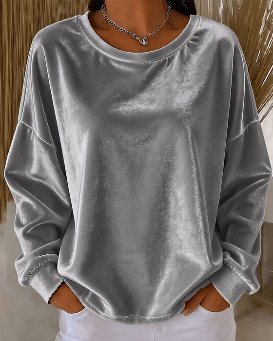 Blouse Ronde Hals Drop Schouder Relaxed Lange Mouw