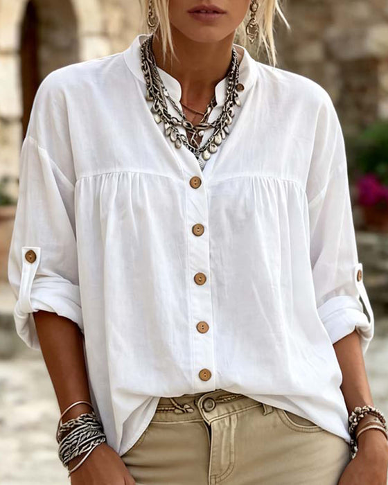 Blouse Met Opstaande Kraag Lange Mouw Effen Kleur Knoopsluiting