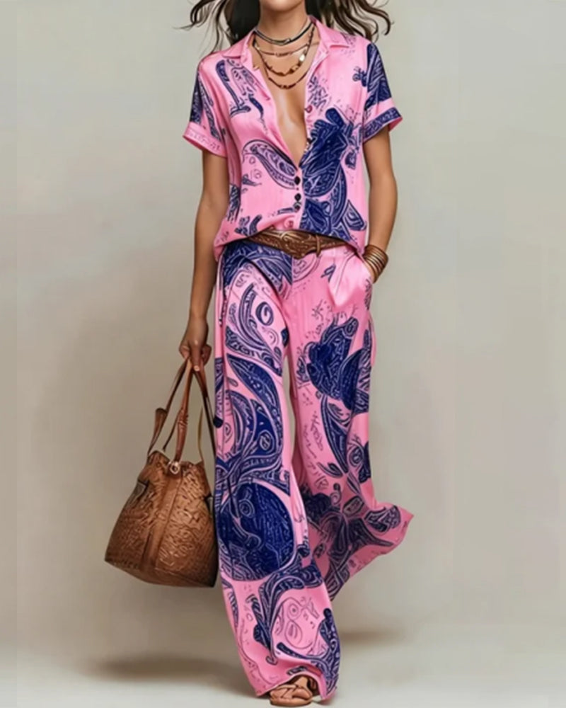 Tweedelig Set Vakantie Korte Mouw Blouse Zak