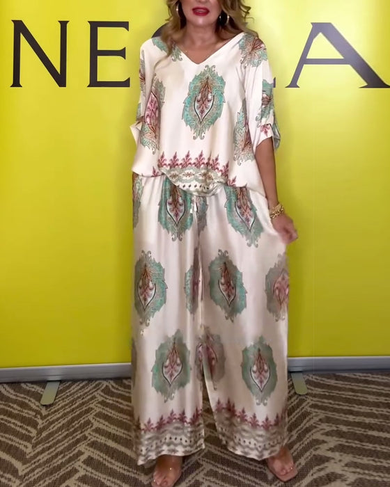 Set Temperamentvolle V-Hals Cashewbloem Wijde Pijp