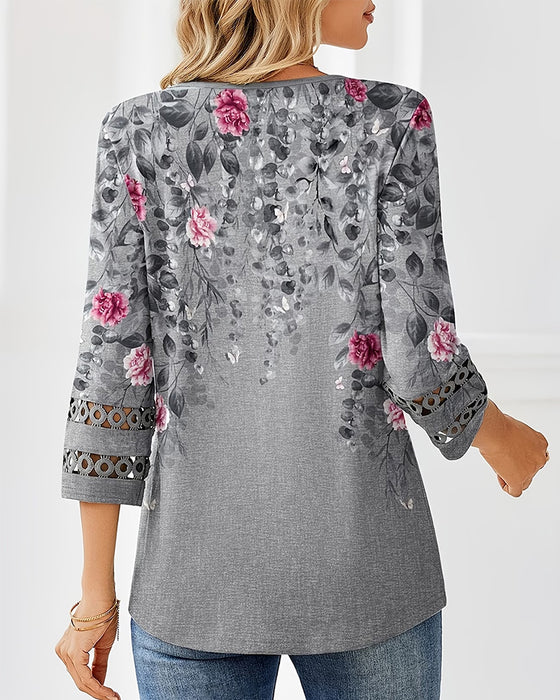 T-Shirt Bloemenprint V Hals Driekwartmouwen