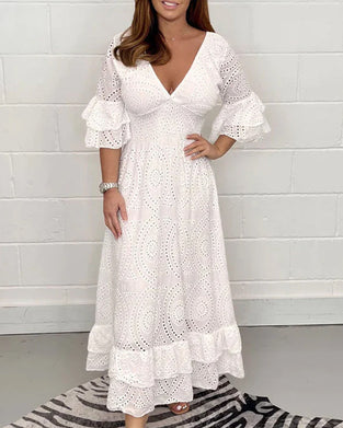 Losse effen jurk met v-hals en hoge taille