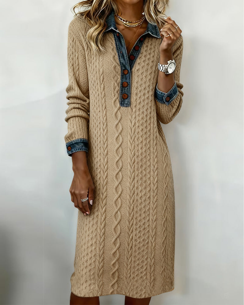 Jurk Met Kraag Van Denim, Kabelssteek En Patchwork