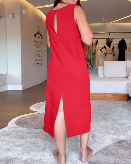 Jurk casual v-hals mouwloos effen kleur split