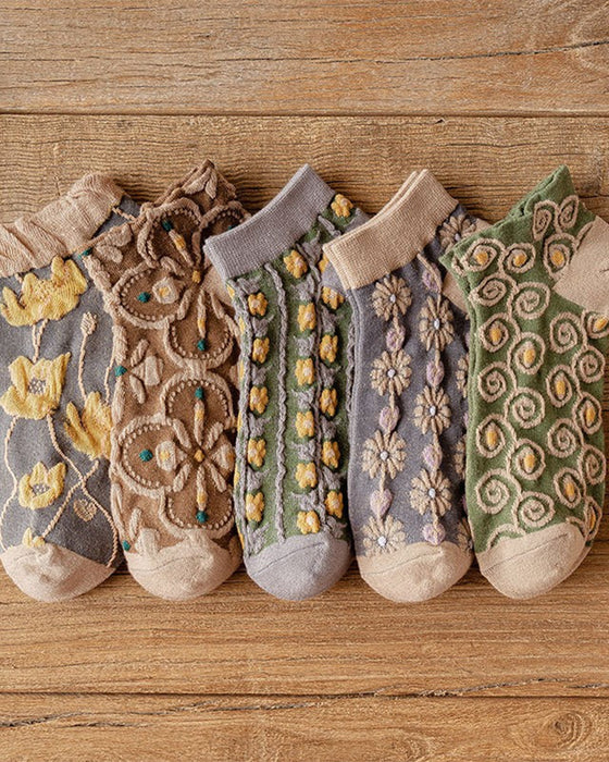 Dameskatoenen Sokken Met Reliëf Bloemenpatroon