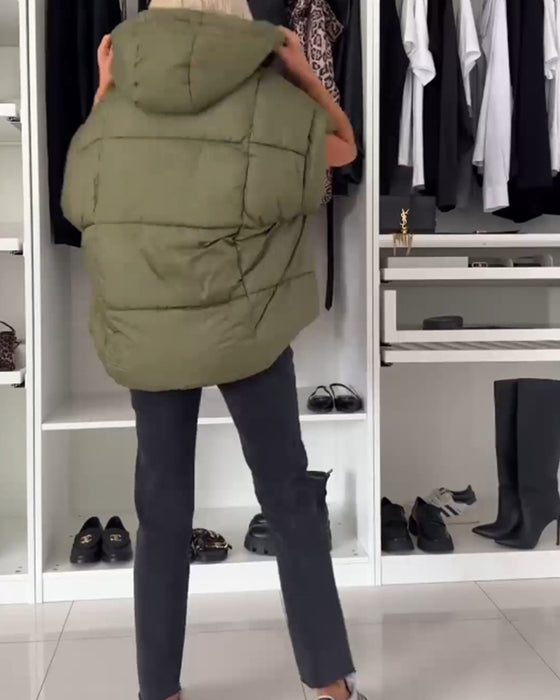 Gewatteerde jassen met capuchon, effen kleur, korte mouwen en rits