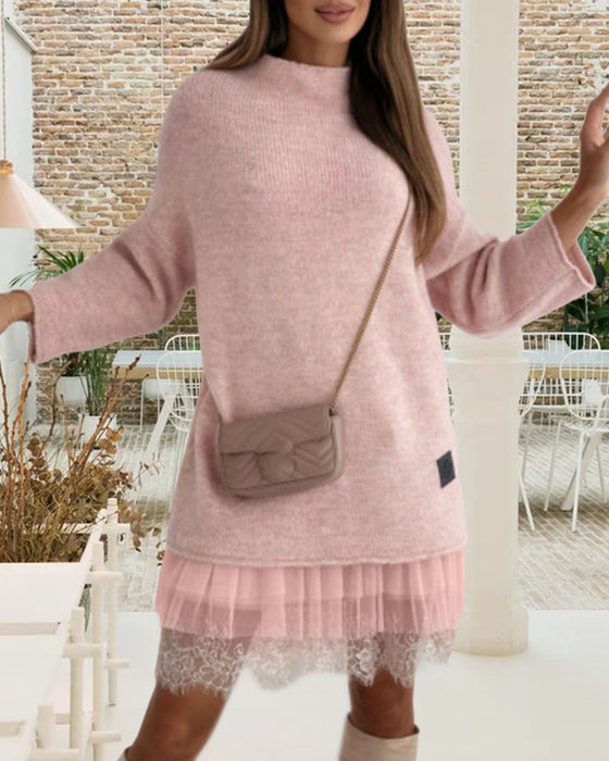 Casual hoge kraag pullover mesh jurk set in effen kleur