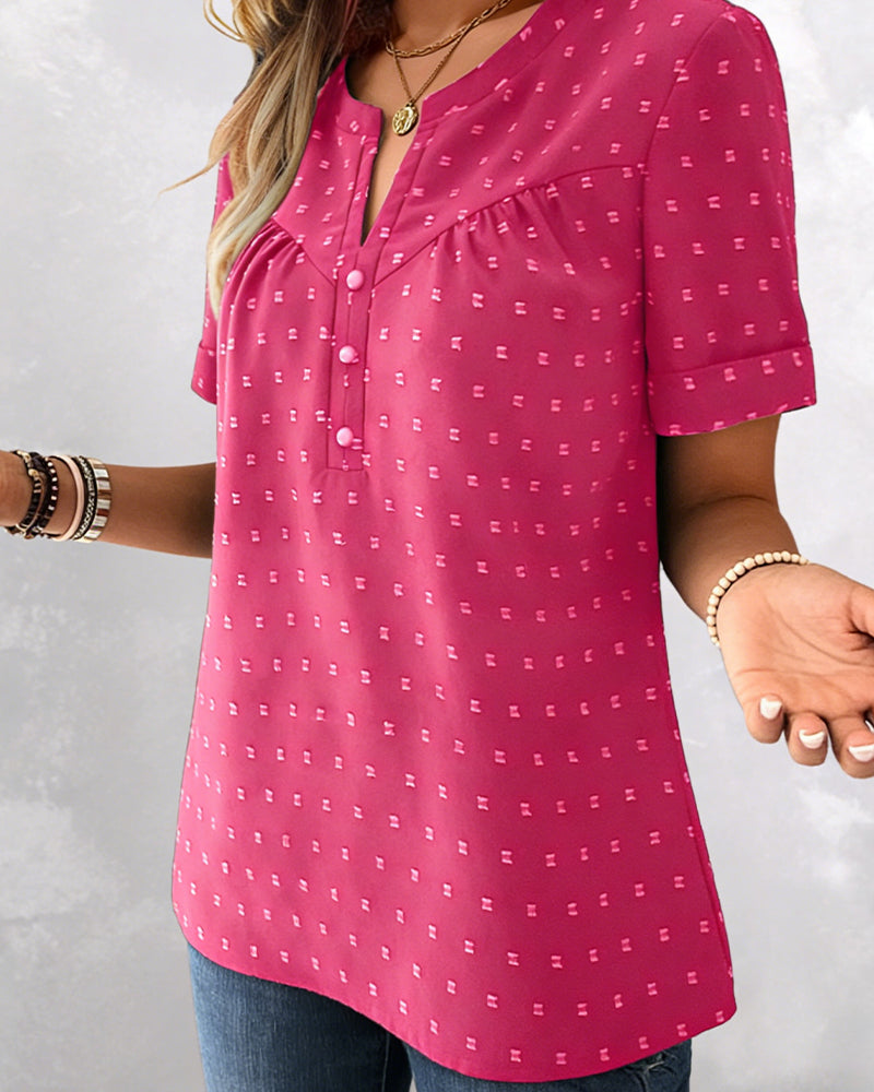 Blouse Jacquard V-Hals Half Sluiting Korte Mouw