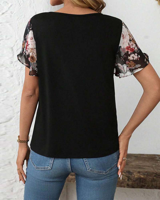 Blouse Korte Mouwen Vetersluiting Bedrukt