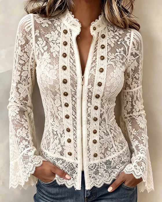 Blouse Staande Kraag Casual Lange Mouw